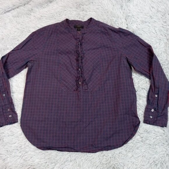 J.CREW Tops - J. Crew Womens Shirt‎ Blue 10 Ruffle Top Career Casual Comfort Check Buttons